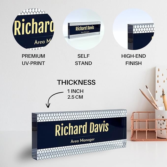 Customized Clear Acrylic Thick 8x3" Desk Name Plate Block with Personalized Logo - Professional Office Decor - Customized Acrylic Plate Gift for Teacher Co-workers, Christmas Gifts for Her, Thanksgiving Gifts (Elegant Navy)