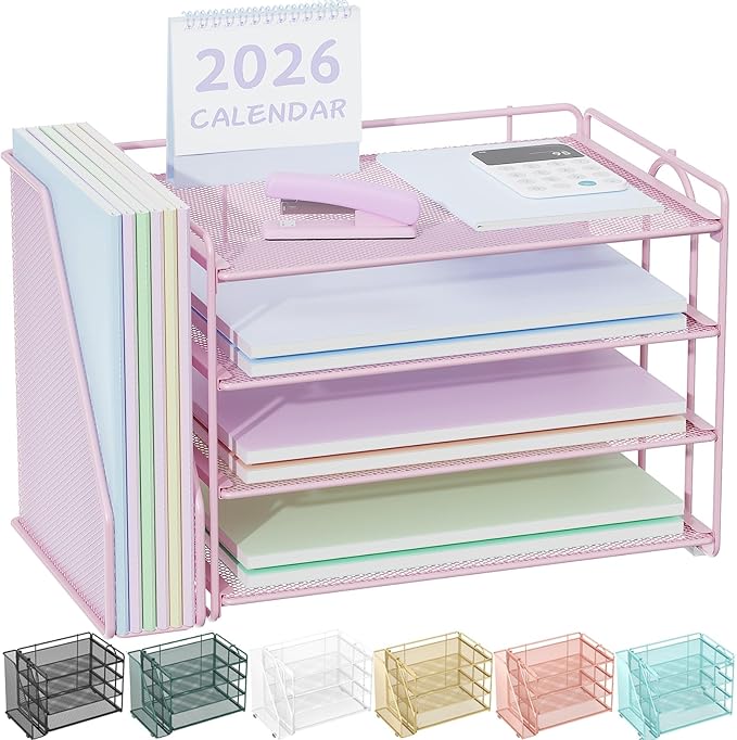 Spacrea Desk Organizers and Accessories, Paper Organizer for Desk with File organizer, Desk Accessories & Workspace Organizers for Office Supplies (Pink)