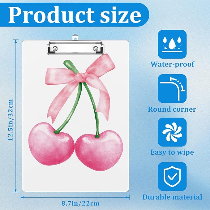 Pink Cherry Bow Clipboard Decorative Clip Board with Metal Clip A4 Standard Size 12.5" X 8.7" for Teacher Students Nurses Office