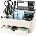 KINGFOM Desk Organizer with Drawer, Multifunction Pencil Holder for Desk, Desk Organizer and Accessories 5 Comparetments for Home Office Supplies (Ivory White)