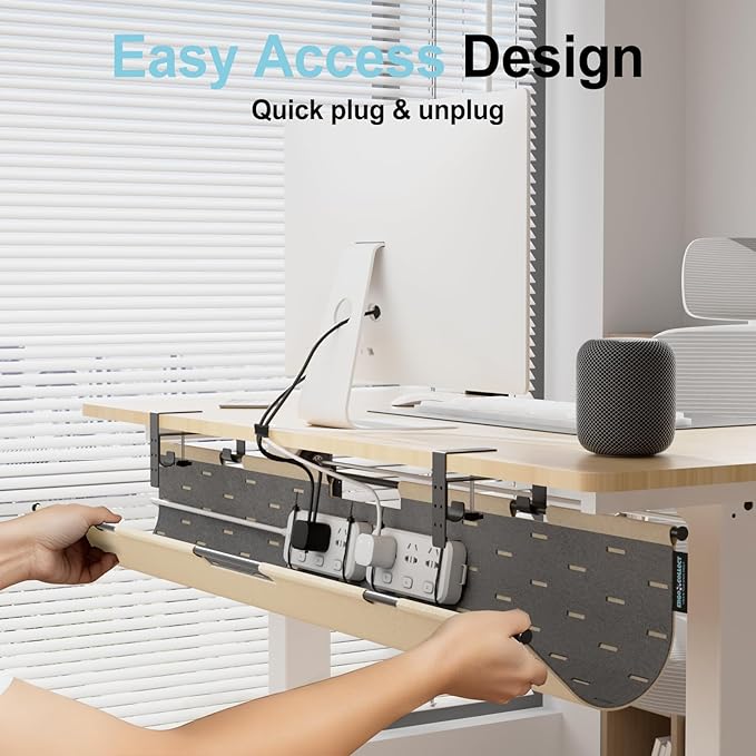2-in-1 Under Desk Cable Management Tray & Privacy Panel, Dual-Sided Felt Cord Organizer to Hide Wires and Clutter, Desk Mount Cord Holder for Office and Home, Clamp or Screw Mount (Khaki/Gray, 45")