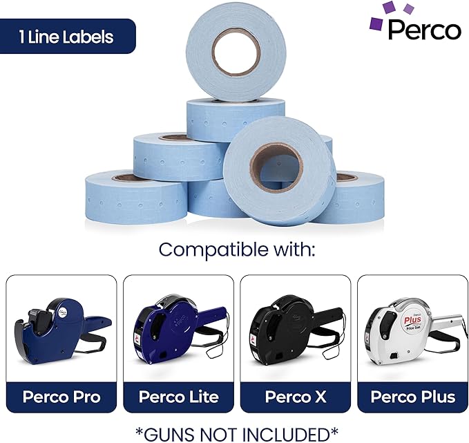 Perco 1 Line Blue Labels - 8 Rolls, 1 Sleeve, 8,000 Blank Price and Date Gun Labels for Perco 1 Line Price and Date Guns - Made in USA