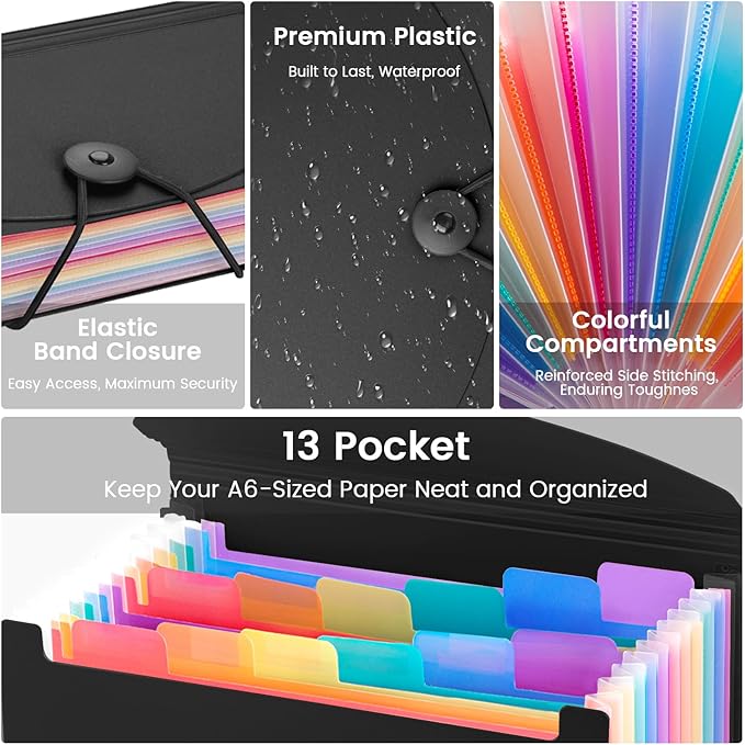 13 Pocket A6 Receipt Organizer, 2 Pack Small Accordion File Organizer, Coupon Organizer with Labels - Black