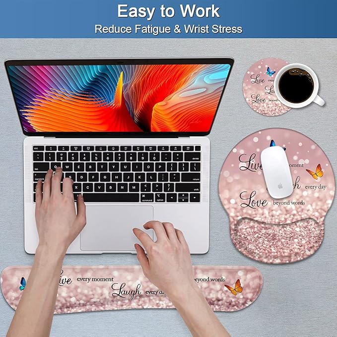 Keyboard Wrist Rest and Mouse Pad Wrist Support Set with Coasters, Non-Slip PU Base Ergonomic Gaming Mousepad for Home Office Working Studying Easy Typing & Pain Relief, Glitter Quote Live Laugh Love