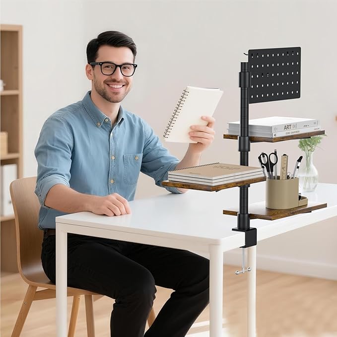 3-Tier Clamp On Desk Shelf, Adjustable 360° Rotatable Above or Under Desk Storage Shelves Holds 33 lbs, Heavy Duty Desktop Organizer with Pegboard Accessories ＆ 3 Hook for Home Office Dorm