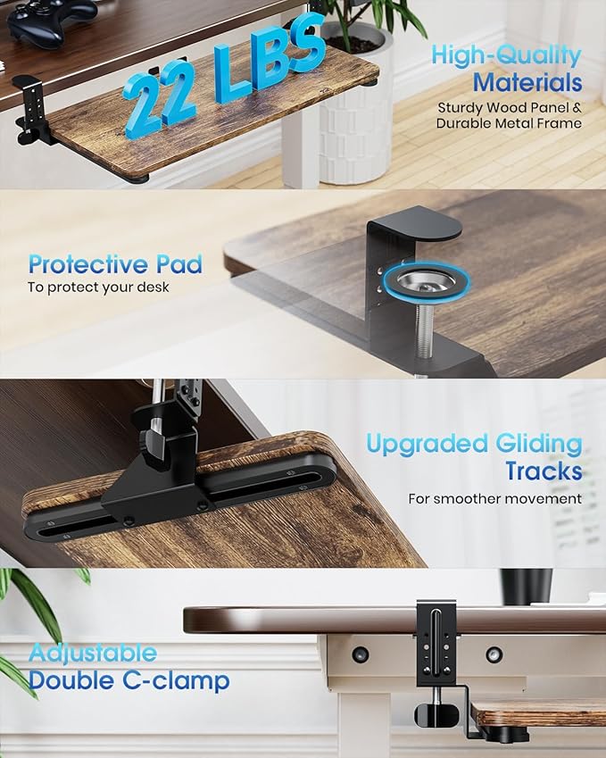 Large Keyboard Tray Under Desk, Pull Out Keyboard & Mouse Tray with Adjustable C-clamp, 25.6(31.5 Including Clamps) x 11.8 Inch Slide Out Computer Keyboard Drawer Mouse Tray for Typing, Brown