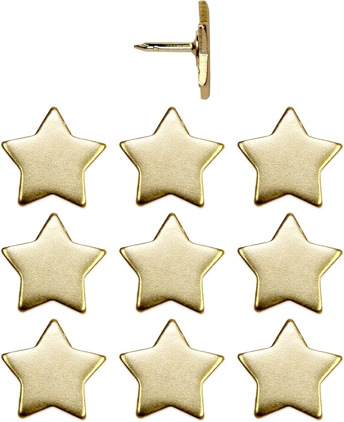Big Star Push Pins - Gold Star Pins - for Cork Board, Maps, or Lapel Pin Use - Designed in USA - Set of 10