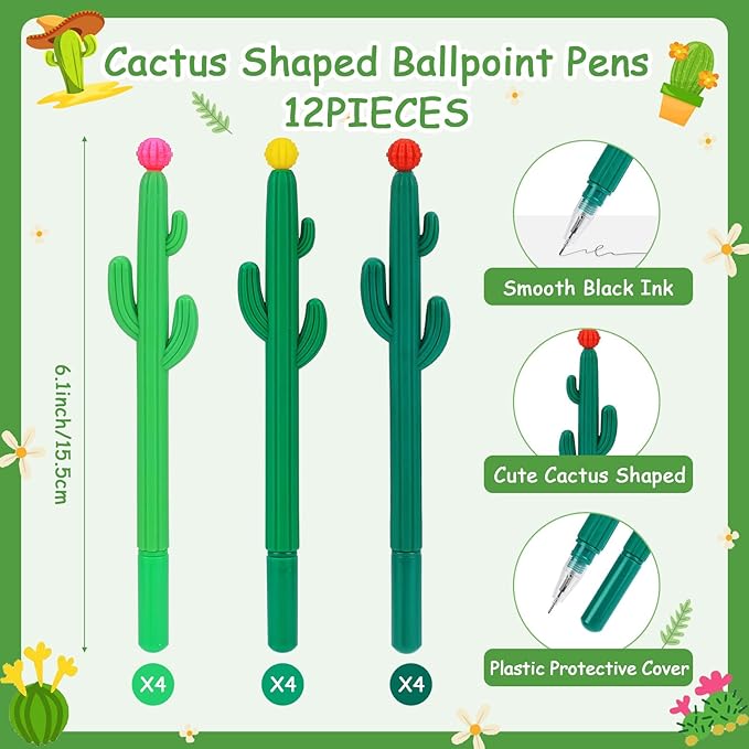 12 Sets Cactus Sticky Notes and Cactus Shaped Ballpoint Pens, Cute Self-Stick Notepads Plant Memo Pads for Office Supplies Party Favors, Christmas Gifts for Coworkers Teachers