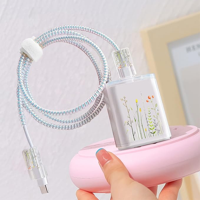 CameCosy Cute Cable Protector for iPhone Charger Clear with Weed Grass Flowers Pattern,Unique Design Data Cable Phone Charger Data Line Earphone Wire Saver for iPhone X 13 12 14 Pro Max for iPad