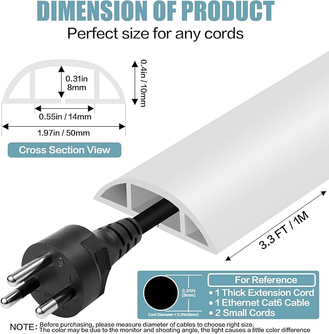 Floor Cord Cover Self Adhesive Cord Hider,3.3FT Cable Management, Extension Strip Protector for Wires, Prevent Cable Trips for Offices, Gyms, Exhibitions Cavity:0.47"(W) x 0.35"(H) White