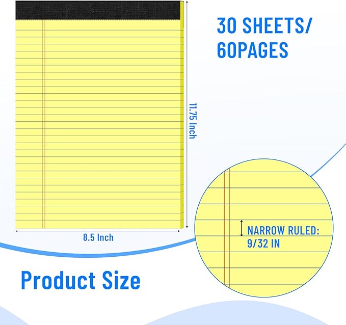Ciphyfee 6pcs Legal Pads 8.5 x 11, Notepads 8.5 x 11.75 College Ruled Notebook, Writing Pads of Paper, Yellow Note Pads, Memo Pad Papers Perforate Legal Notepads Narrow Ruled Line,30 Sheets/Pack