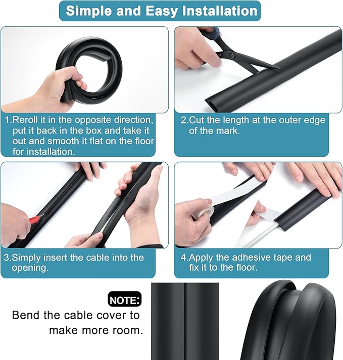 Floor Cable Cover 3ft Grey, LZEOY Cord Covers for Wires on Floor, Cord Hider Floor Cable Management, Extension Cord Floor Cover Low Profile, Floor Cord Cover for Office/Carpet/Floor