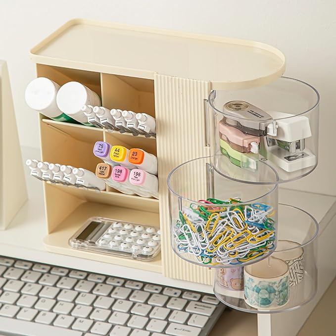 Desk Organizer with 3 Rotatable Drawer, Multi-Functional Pencil Pen Holder for Desk, Desk Organizers and Storage with 4 Slanted Compartments, Desktop Organizer for Office Home Supplies