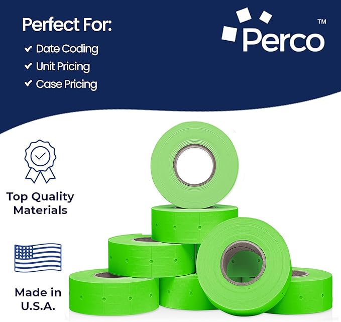 Perco 2 Line Fluorescent Green Labels - 80 Rolls, 10 Sleeves, 80,000 Blank Price and Date Gun Labels for Perco 2 Line Price and Date Guns - Made in USA