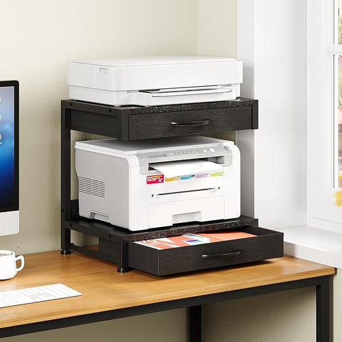 2-Tier Desktop Printer Stand with 2 Fabric Drawers, Prtiner Table with Storage Shelf, Desk Organizer for Home Office,3D Printer,Fax Machine,Scanner (Black, 2 Tier)