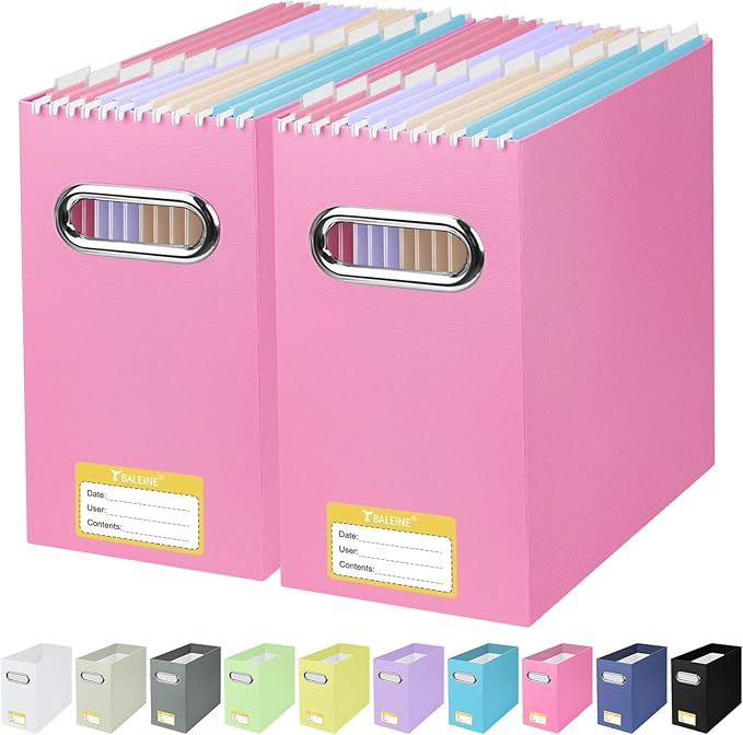 BALEINE File Organizer Box, Cardboard File Folder Organizer with Handle for Letter Size, Portable Collapsible Hanging Filing Box for Home Office Document Storage (2 Pack, Pink)