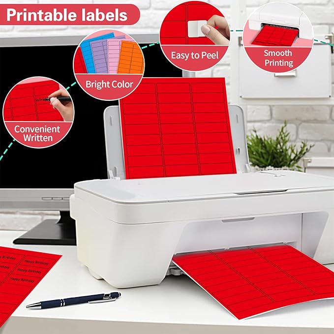 1" x 2-5/8" Colored Address Labels, 600 Bright Red Label Stickers- Laser/Ink Jet Printer Mailing Labels, 8.5"x11" 20 per Sheet