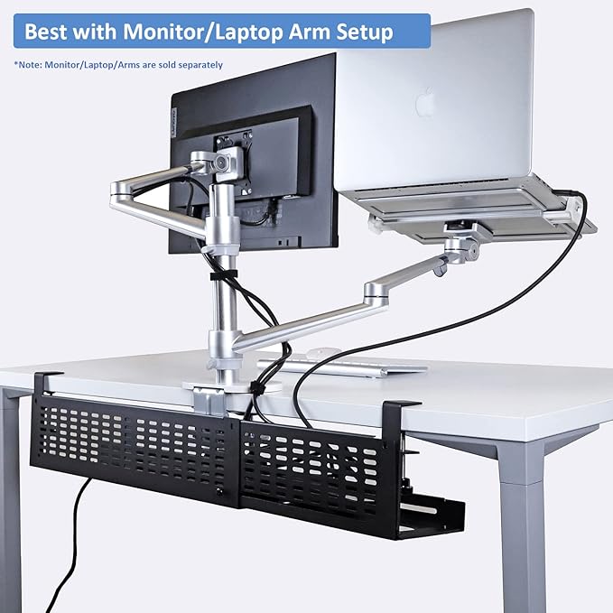 AEONS Under Desk Cable Management Tray Kit - Horizontal Adjustable up to 41” Removable C Clamp Mount Reversible Computer Cord Raceway and Modesty Panel for Large Table, Black