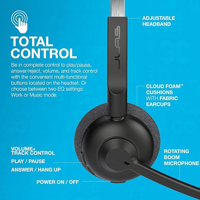 JLab Go Work Pop On-Ear Wireless Headset, Black, 50+ Hours Playtime, Bluetooth Multipoint, Rotating Boom Mic, Noise Canceling MEMS Microphone, Light-Weight, Portable, PC/Mac| Mobile (1 Pack)