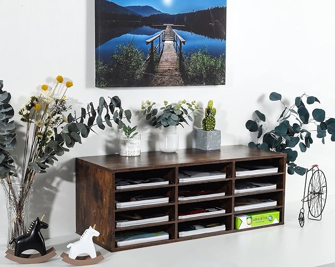 PAG Mail Sorter, Wooden Countertop Literature Organizer, Student & Desktop Bill Paper Organizer, 12 Compartments, Antique Brown