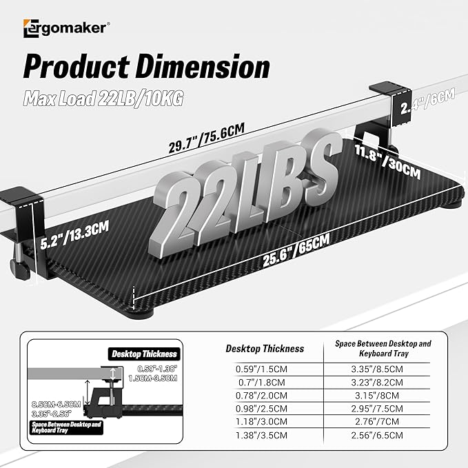 ERGOMAKER Keyboard Tray Under Desk, Pull Out Keyboard Tray with C Clamp Mount, 25.6" (29.7" Including Clamps) x 11.8" Slide-Out Computer Drawer for Typing, Keyboard & Mouse Tray, Black Carbon Fiber