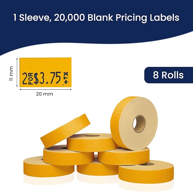 Perco Fluorescent Orange Pricing Labels for Monarch 1131 Price Gun - 1 Sleeve, 8 Rolls, 20,000 Price Marking Labels - with Ink Roll Included