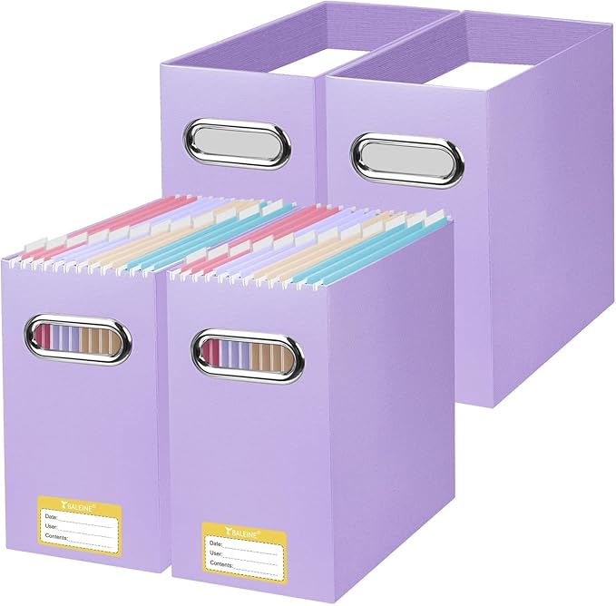 BALEINE File Organizer Box, Cardboard File Folder Organizer with Handle for Letter Size, Portable Collapsible Hanging Filing Box for Home Office Document Storage (4 Pack, Lavender)