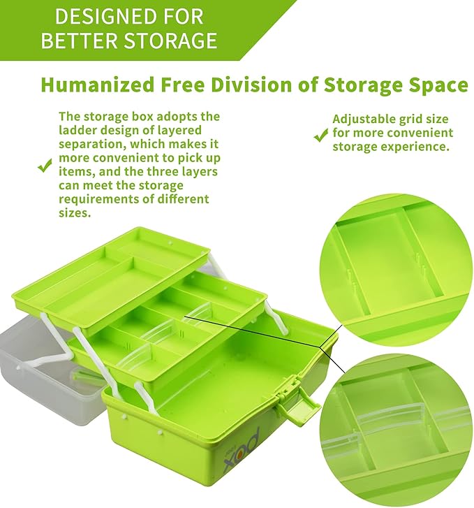 12in 3-Layer Plastic Craft Organizers and Storage, Portable Folding Tackle Box with Handle & Adjustable Dividers, Multipurpose Case for Sewing, Art Supplies, Medicine, Tools (Green)