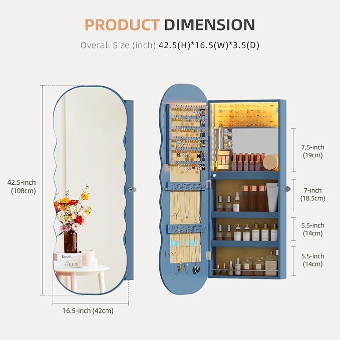 Lvifur Hanging Jewelry Armoires with LED Lights,Blue Jewelry Storage Cabinet Lockable Wavy Mirror Jewelry Organizer, Lockable Frameless Mirror with Storage, LED Jewelry Cabinet Wall/Door Mounted