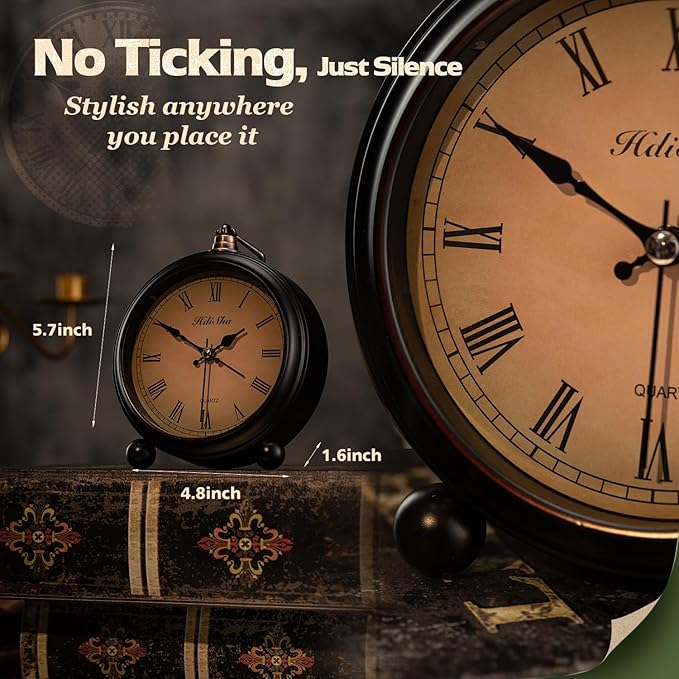 Vintage Alarm Clock, 5 inch Battery Operated Silent Non Ticking Snooze Small Clock with Night Light, Old Fashioned Desk Clock Decor for Bedroom, Bedside, Living Room, Room (Roman)