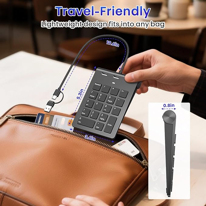 2-in-1 Number Pad & USB Hub with USB-C and USB-A Cables, 15° Ergonomic Wired Numpad with 3 USB 2.0 Ports , Number Keypad for Laptop/iPad/MacBook/PC/Windows/MacOS,No Adapter Needed USB Number Keypad