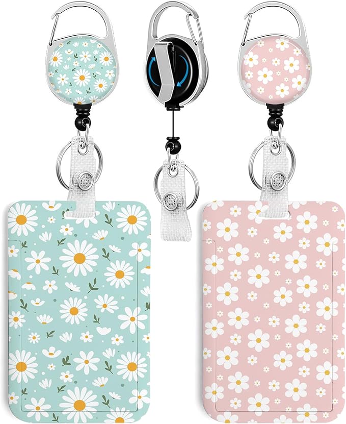 2 Pack Flower ID Badge Holder with Heavy Duty Retractable Reel Keychain for WomenStudents,Teachers, Nurses, Office Use