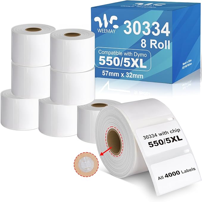Weemay 8-Roll 30334 FNSKU Barcode Multi-Purpose Labels with RFID Chip, Compatible for DYMO LabelWriter Printers 5XL, 550, 550 Turbo, 4XL, 450, Wireless, 450 Duo, 2-1/4" x 1-1/4", Total 8000 Labels