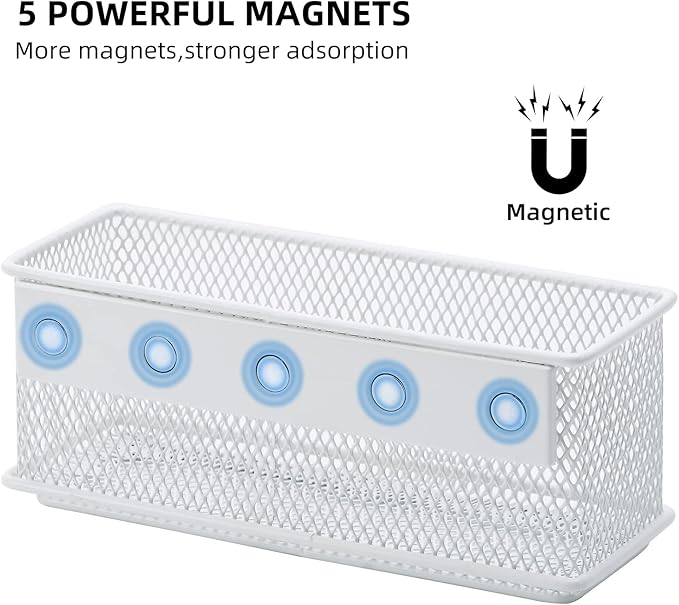 dedoot Magnetic Pencil Holder, White Mesh Pen Organizer Strong Magnetic Storage Basket Organizes Pens, Pencils, Markers for Whiteboard, Locker, Fridge, Cubicle Desk, Offices 6.3x2.3x2.6inch