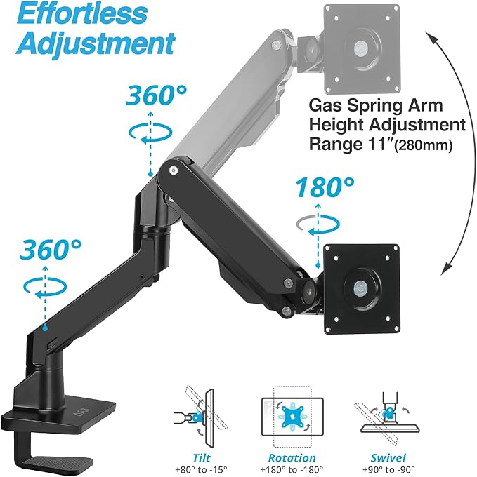 AVLT Single Monitor Arm Desk Mount for 34 to 57 in Screens – Fits One 44 lb Heavy Duty Monitor – Full Motion Height, Swivel, Tilt, Rotation – VESA 200x200, 200x100, 100x100, 75x75 – Black