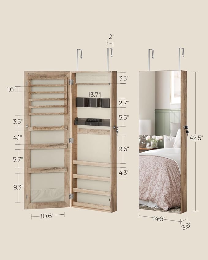 SONGMICS Mirror Jewelry Cabinet Armoire, Wall or Door Mounted Jewelry Storage Organizer, Hanging Lockable Frameless Mirror Cabinet with 2 Cosmetic Organizers, Gift Idea, Toasted Oak Color UJJC001N01