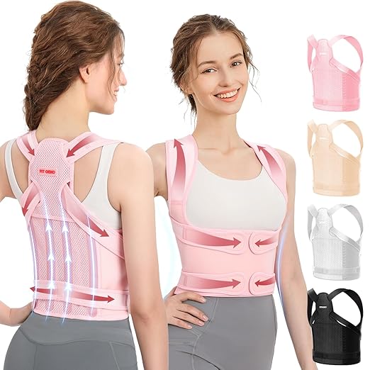 Fit Geno Back Brace and Adjustable Posture Corrector And Trainer for Women and Men, Back Straightener, Scoliosis and Hunchback Correction, Back Pain, Spine Support, Pink, Medium (Waist 34-41 Inch)