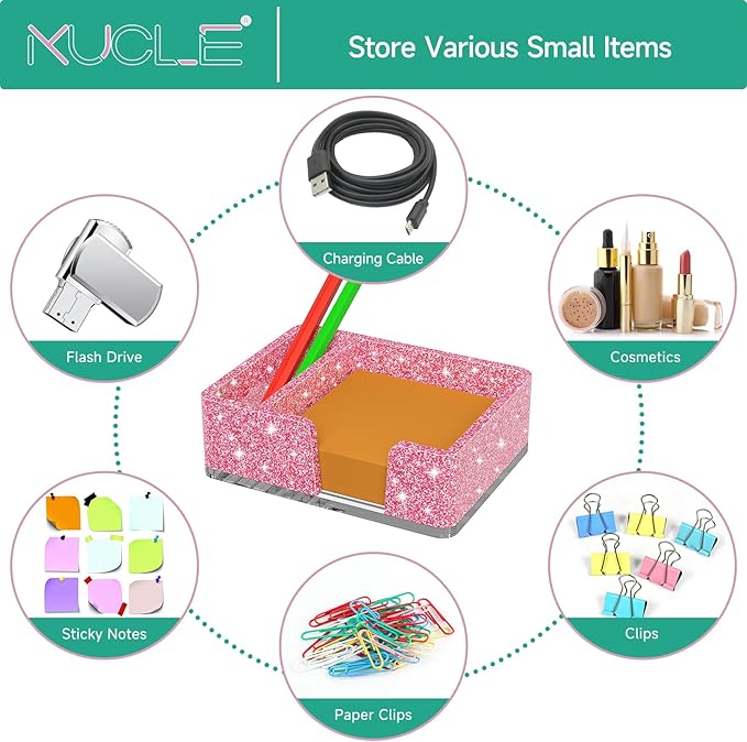 Sticky Note Holder with Pen Slot, Glitter Pink Acrylic Notepad Holder 3x3 in Self-Stick Note Dispenser Office Desk Accessories, Memo Pad Holder Organizer for Classroom School Supplies