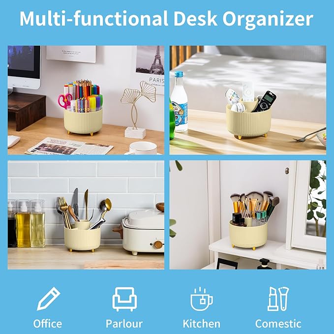 Marbrasse Desk Organizer, 360-Degree Rotating Pen Holder, Desk Organizers and Accessories with 5 Compartments Pencil Holder, Art Supply Storage Box Caddy for Office, Home (Yellow)