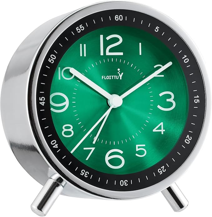 Super Silent Metal Alarm Clock,Beep Wake Round Alarm Clock with Strip Night Light,Battery Operated,Easy Set,Simple & Retro for Desk, Bedroom and Home Decoration(Emerald Green)