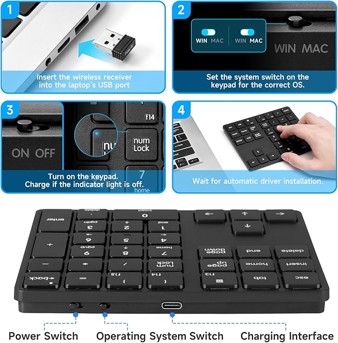 havit Wireless Number Pad for Laptop, Fully Compatible with Mac OS, iPad, Windows, and Android Devices – 2.4G Rechargeable 34-Key Numeric Keypad