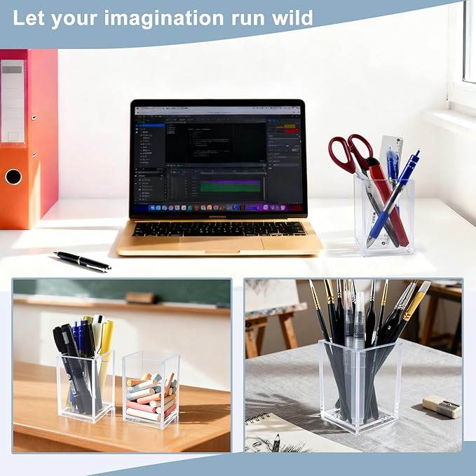 20 Pack Clear Acrylic Pen Holders, Pencil Cups and Makeup Brush Organizers : Durable Desk Accessories for Classroom, Office and School Storage