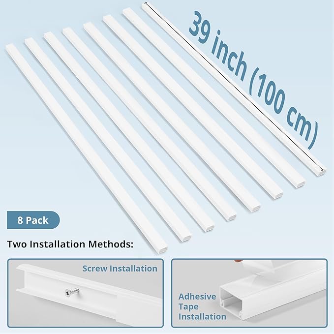 Cord Covers for Wires on Wall Extra-Long, 26.25ft TV Cord Hider Kit, Paintable Cable Management Concealer, White Cord Raceway Channel, 8 x L39in x W0.95in x H0.55in
