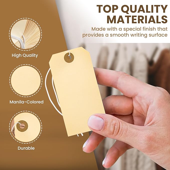 Perco Manila Shipping Tags with Elastic Strings — Large Durable Blank Paper Tags 4¾″ x 2⅜″ — Ideal for Labeling and Inventory Use — Box of 500