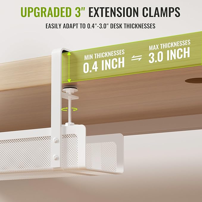 [Upgraded] 2 Pack Cable Management Under Desk Tray, Xpatee 27.6" No Drill Open Slots Cable Management Tray, Cord Wire Organizer Box with Clamp for Table Thickness up to 3" - No Desk Damage(White)