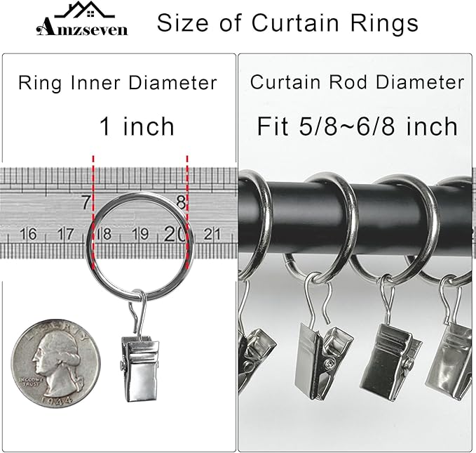AMZSEVEN 100 Pack Metal Curtain Rings with Clips, Drapery Clips with Rings, Drapes Rings 1 inch Inner Diameter, Fits Diameter 5/8 inch Curtain Rods, Silver
