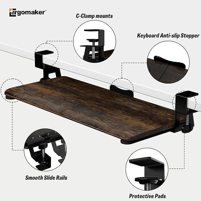 ERGOMAKER Keyboard Tray Under Desk, Pull Out Keyboard Tray with C Clamp Mount, 25.6" (29.7" Including Clamps) x 11.8" Slide-Out Platform Computer Drawer for Typing, Keyboard & Mouse Tray, Rustic Brown