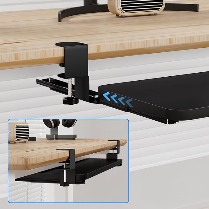 Keyboard Tray Under Desk, Slide Out Computer Keyboard Drawer with Adjustable C-clamp for Home, Office and Gaming Mouse Tray for Typing 25.59" × 9.84" × 4.72" Black