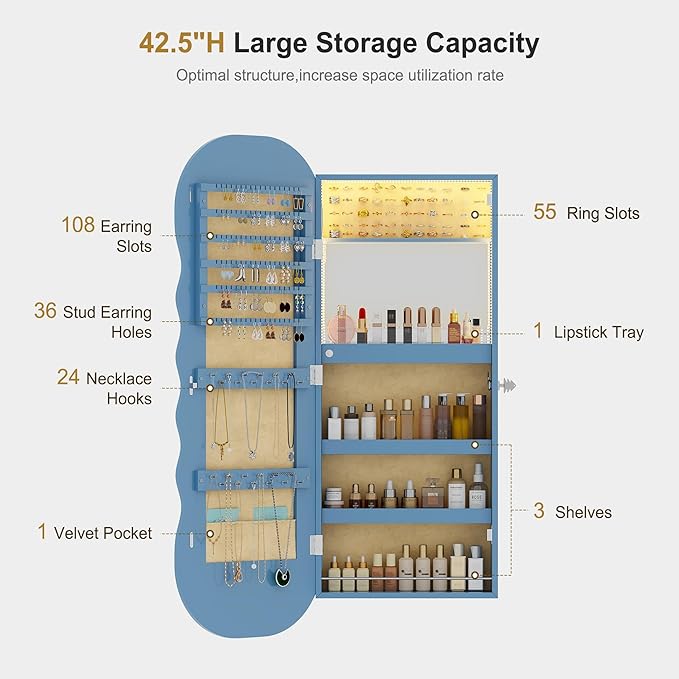 HNEBC LED Mirror Jewelry Cabinet,Wall or Door Mounted Jewelry Armoire Organizer with Lights,Lockable Wide Wavy Mirror with Storage,42.5" L Full Length Mirror with Jewelry Storage,Interior Mirror