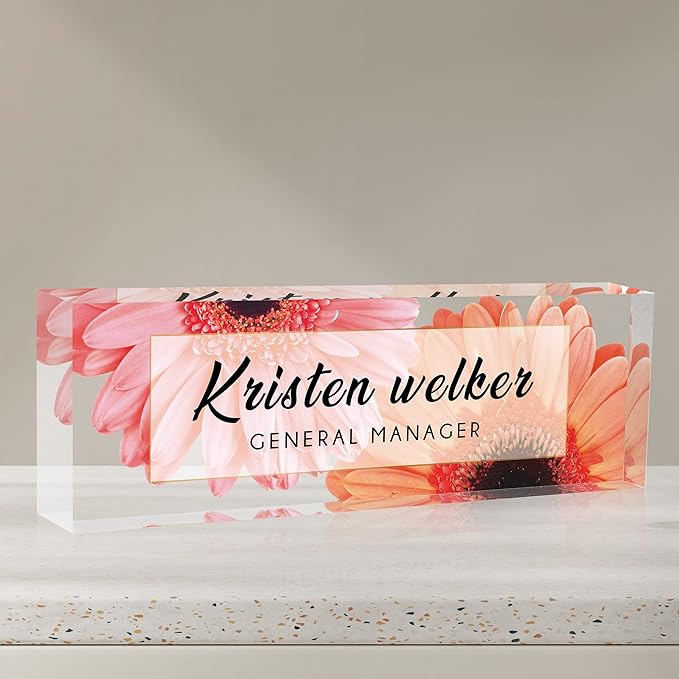 Desk Name Plate Personalized, Custom Name Plates for Desks, Office Desk Decor, Sunflowers Clear Acrylic Glass Block, Personalized Office Gifts for Women Men Boss Teachers Coworkers Appreciation Gifts
